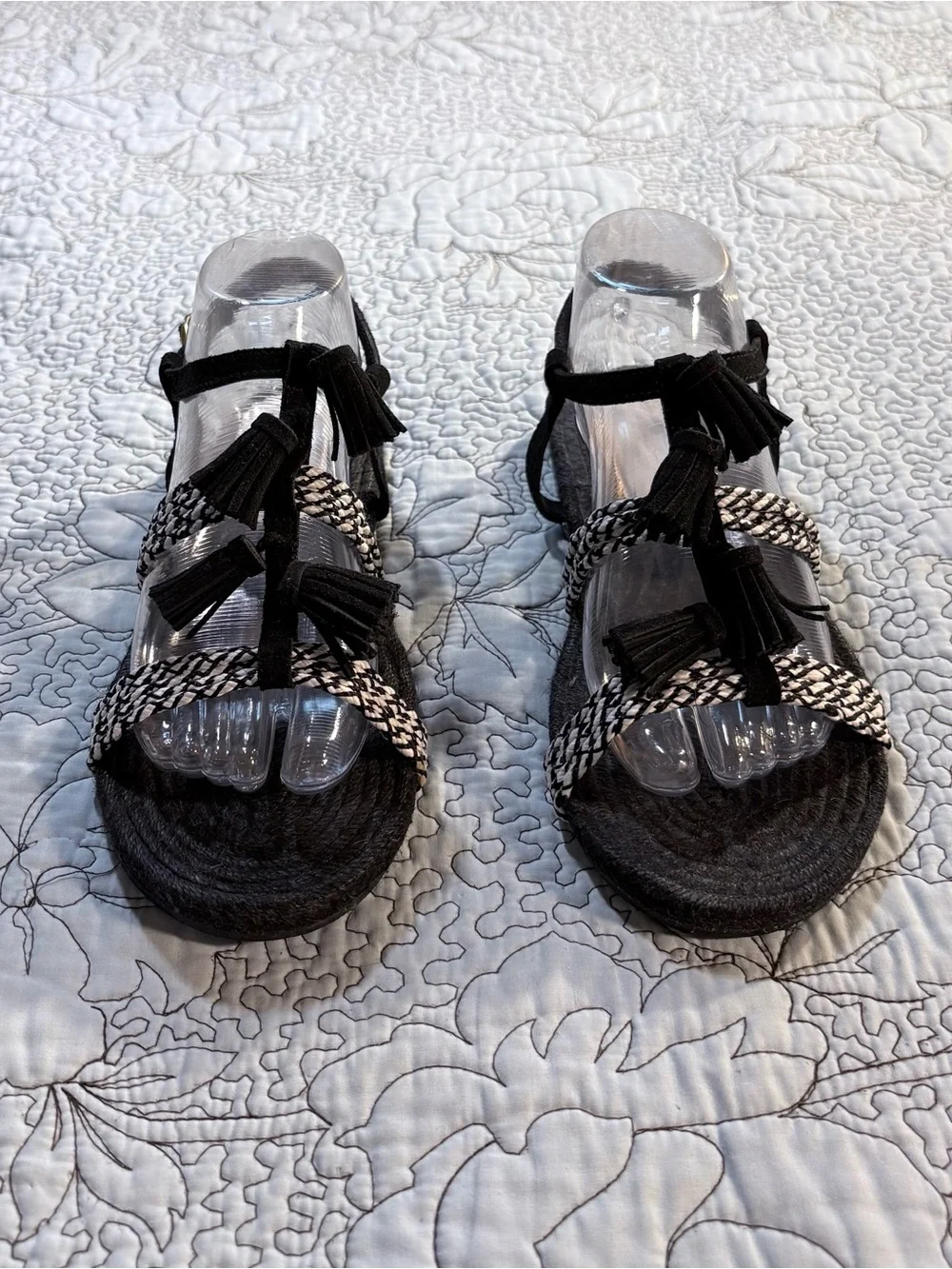 Anthropologie Fringed Rope Tassel Sandals Black White Woven Boho Sandals Sz 8💛